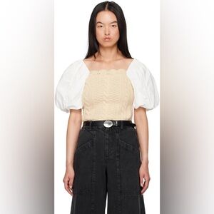 Sea New York Sweater Beige and White Puff Sleeve Crop Top NWT